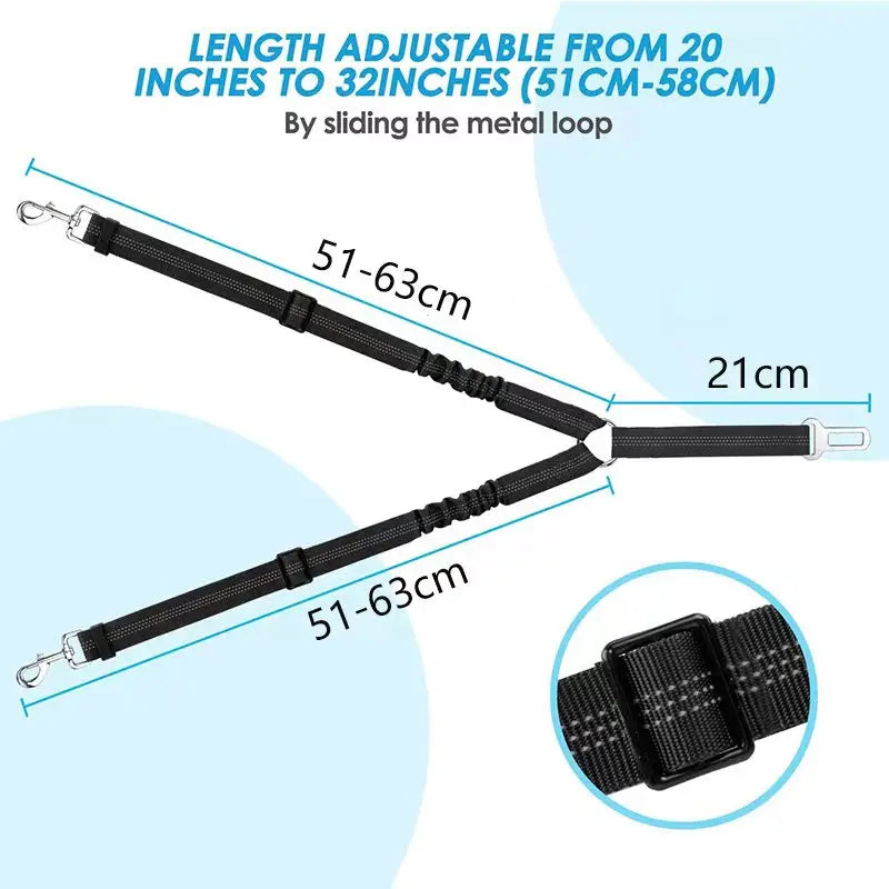 Double Dog Car Seat Belt Elasticity Extention Reflective Stripe Adjustable Vehicle Travel Accessories Safety Leash for Two Pets