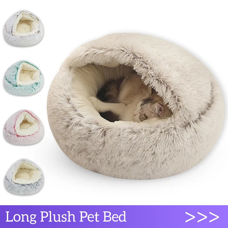 Cama de Gato de felpa larga de invierno, cojín redondo para gato, casa para gato 2 en 1, cesta para gato caliente, bolsa de dormir para gato, nido para gato, perrera para perro pequeño