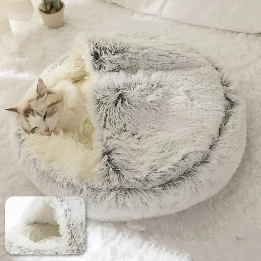 Cama redonda para gatos de felpa suave y larga, cama de Gato de peluche semicerrada redonda y cálida cómoda para perros pequeños, bolsa de dormir para invierno, nido para gatos