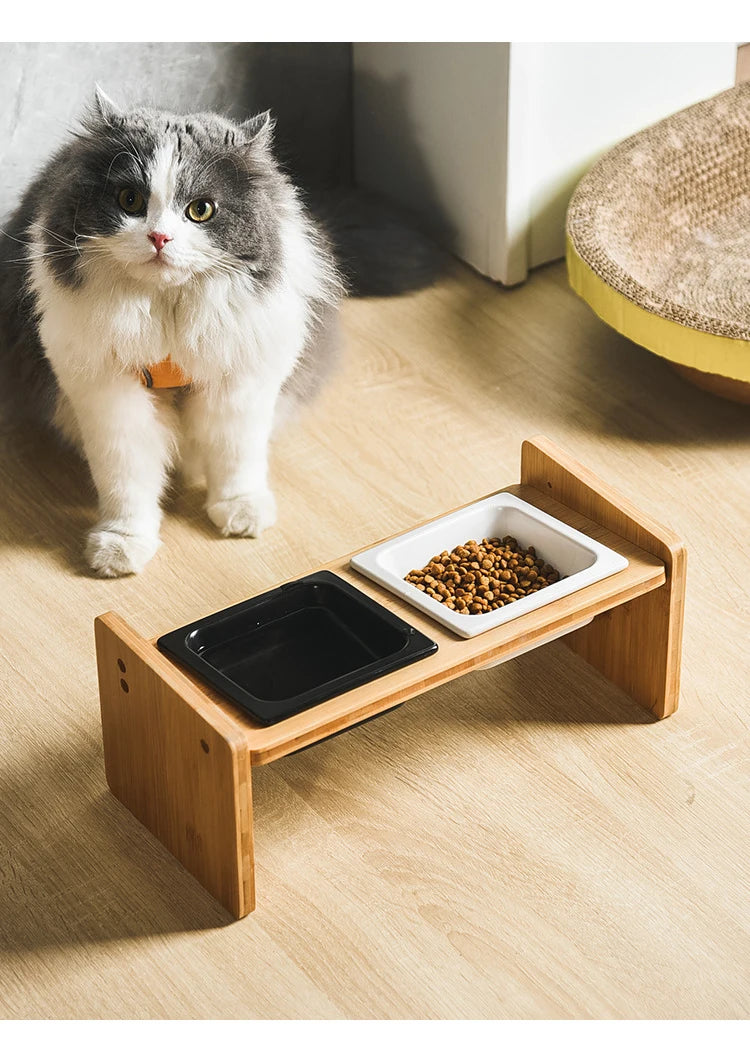 Cuencos triples dobles para gatos, comederos de agua de cerámica para mascotas con soporte de bambú, cuenco elevado para comer y beber para perros cachorros