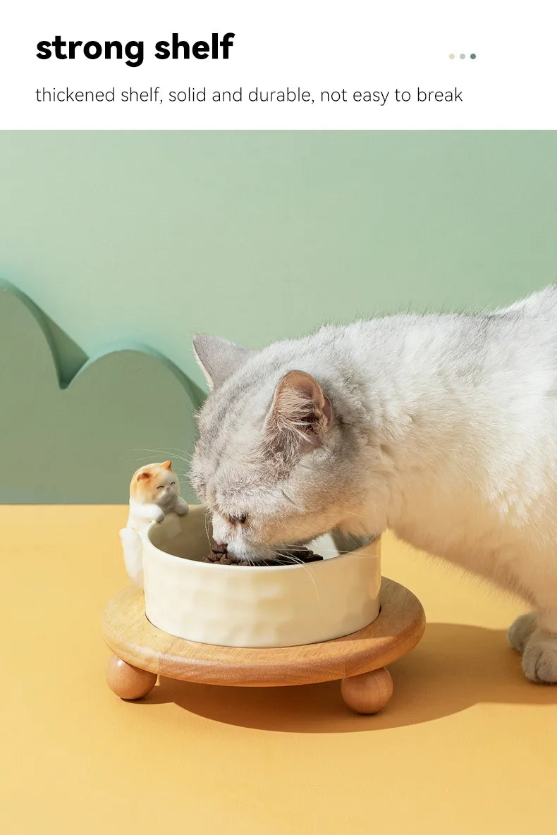 Cuencos dobles para perros de 840ml con estante de madera, comederos de agua elevados para gatos, cuencos de cerámica para beber para perros pequeños y medianos