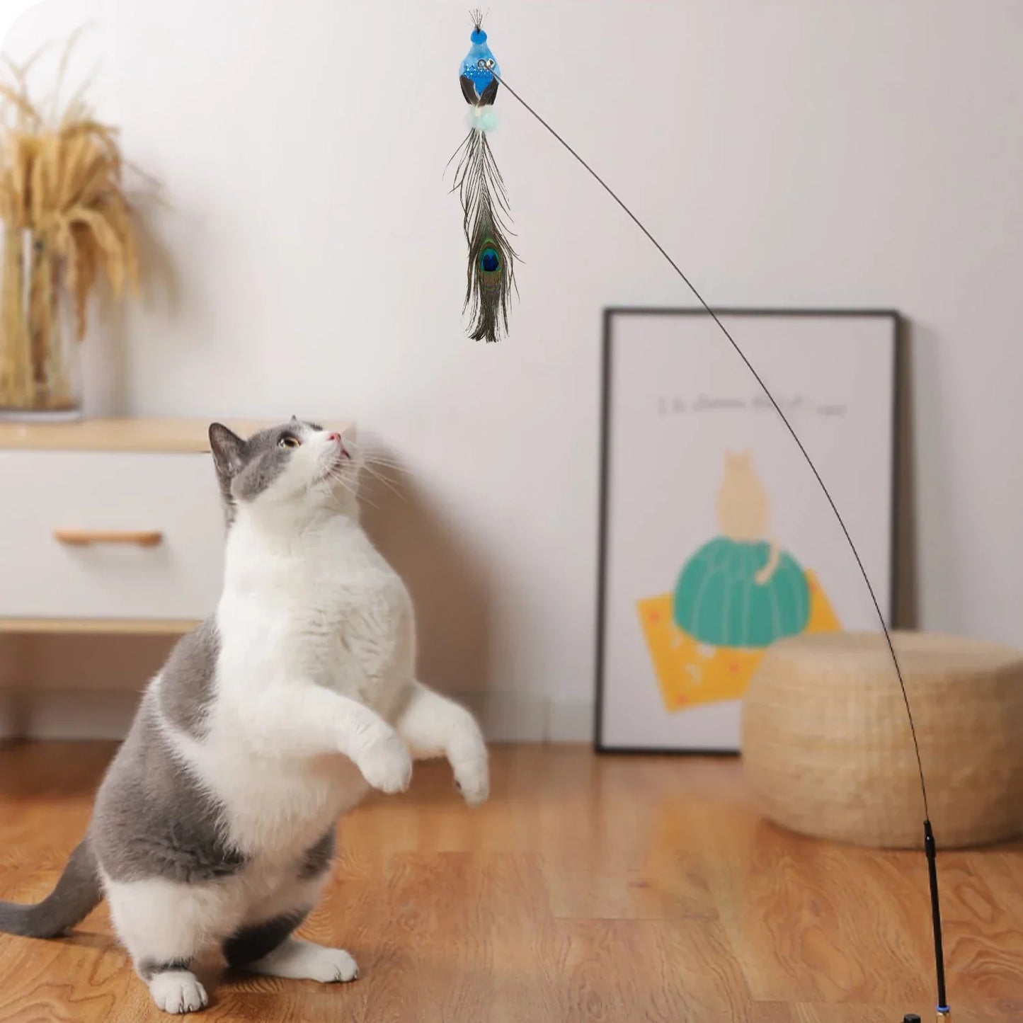 Jouet interactif pour chat, Simulation drôle de plume d'oiseau avec cloche, bâton de chat, jouet pour chaton, baguette Teaser, jouet, fournitures pour animaux de compagnie