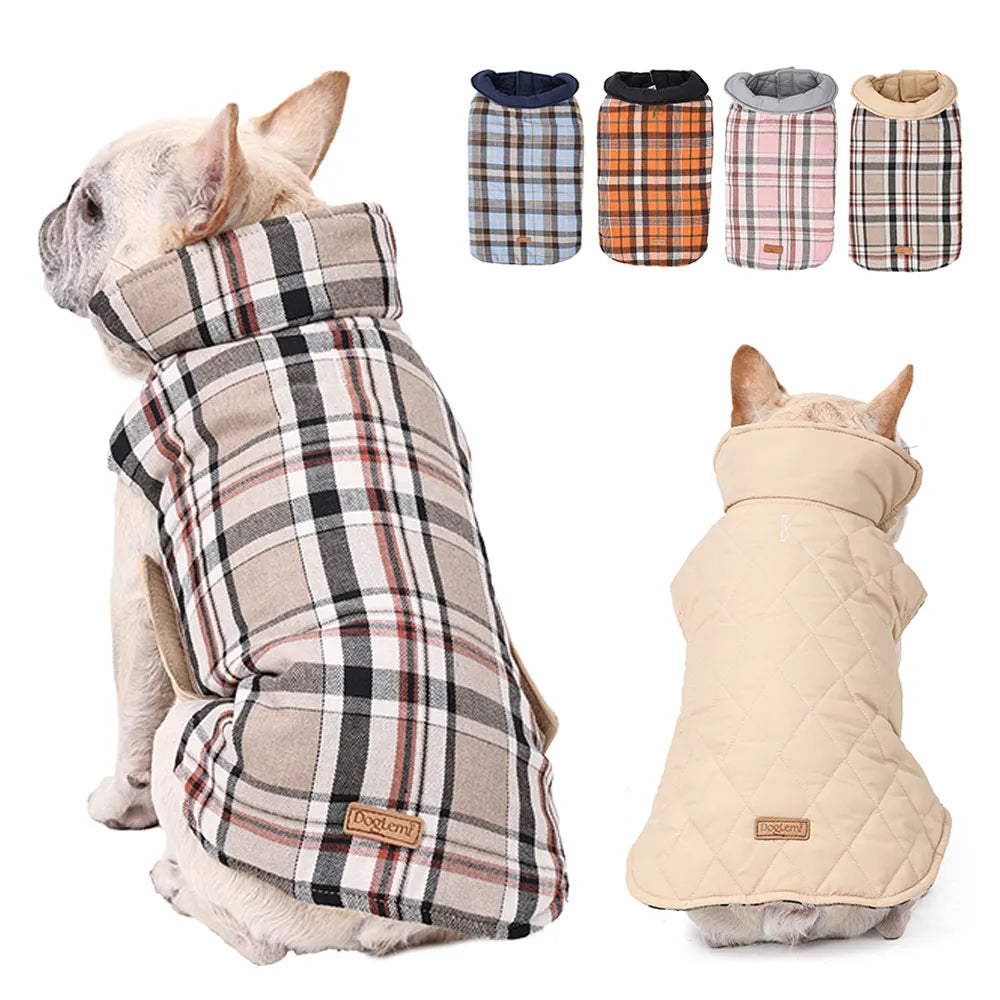 Waterproof Dog Jacket Checked Pattern Reversible Dog Clothes for Small Medium Large Dogs Soft Warm Dog Coat with Flexible Chest