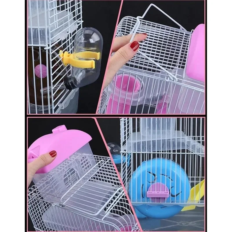 Cage métallique en forme de Villa à deux étages avec bol d'alimentation, petit château de jouet de patinage à roulettes, Cage à Hamster à Double couche