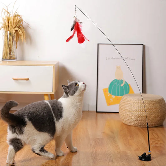 Juguete interactivo para gatos, palo para gato manos libres, juguete para jugar, varita de juguete, ventosa, pájaro/pluma, varita para gato, suministros para mascotas