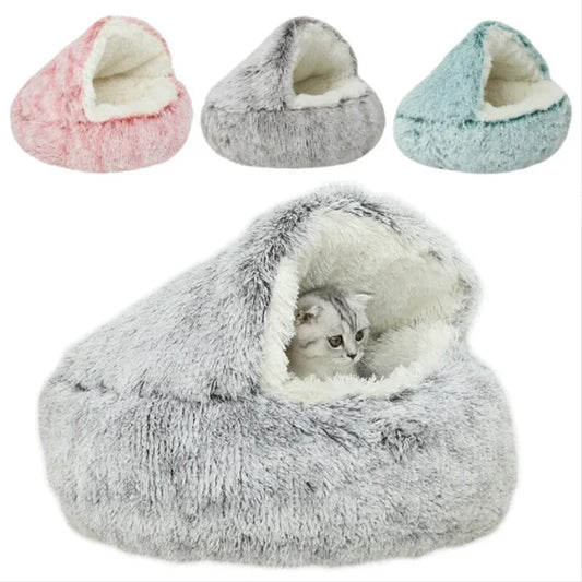 Cama de Gato de felpa, cojín redondo para gato, casa para gato 2 en 1, cesta para Gato caliente, nido para dormir para mascota, perrera para perro pequeño, cama para perro y gato