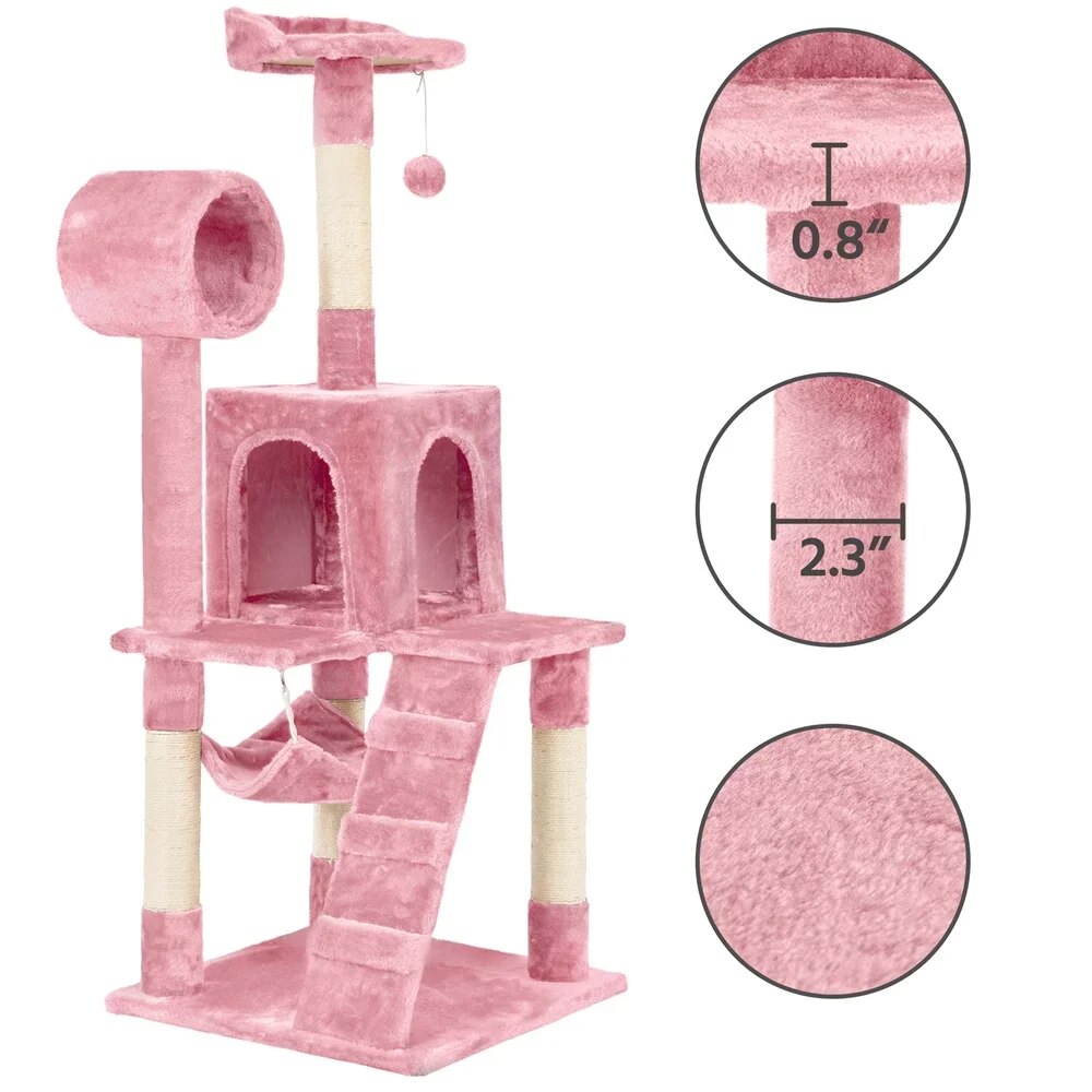 Arbre à chat à plusieurs niveaux de 51 pouces avec condo, rose, fournitures pour chats, supports d'escalade pour chats, jouets pour chats, pour que les chats puissent jouer joyeusement à la maison