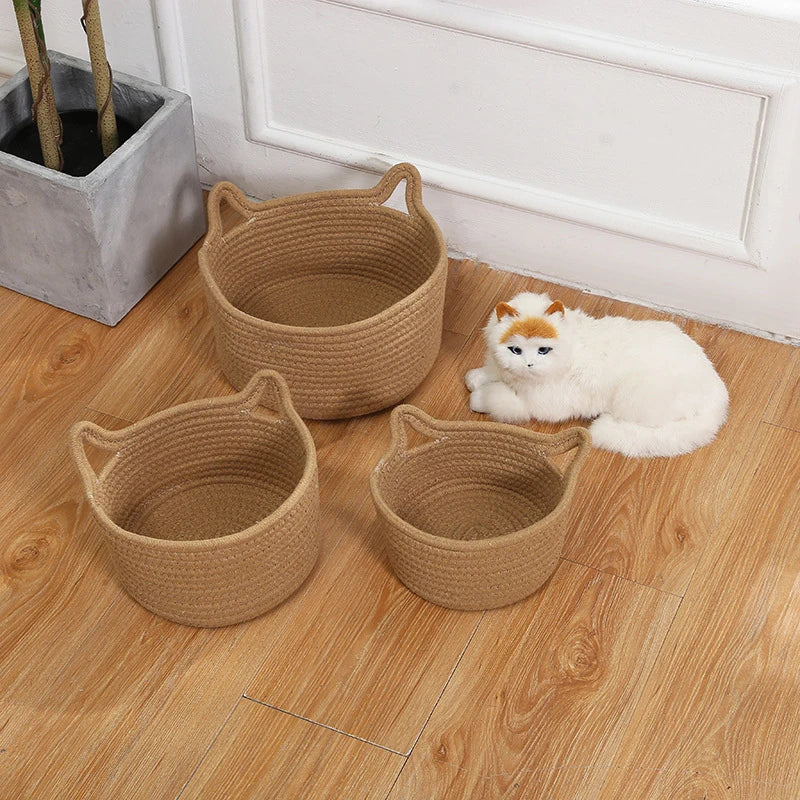 Woven Cotton Rope Cat's ear Nordic  Storage Baskets  Desktop Sundries Kids Toys Organizer Box Dirty Clothes Laundry Basket Hampe