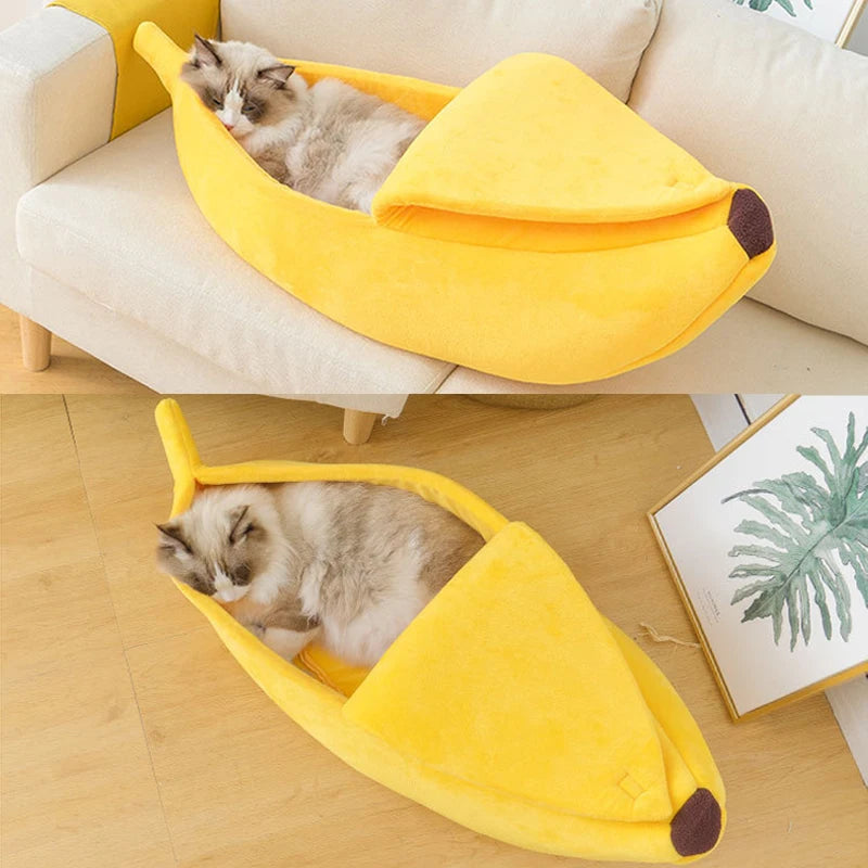 Divertida cama para gatos con forma de plátano, bonita y acogedora estera para gatos, camas cálidas y duraderas, cesta portátil para mascotas, perrera, cojín para perros, suministros para gatos Multicolor