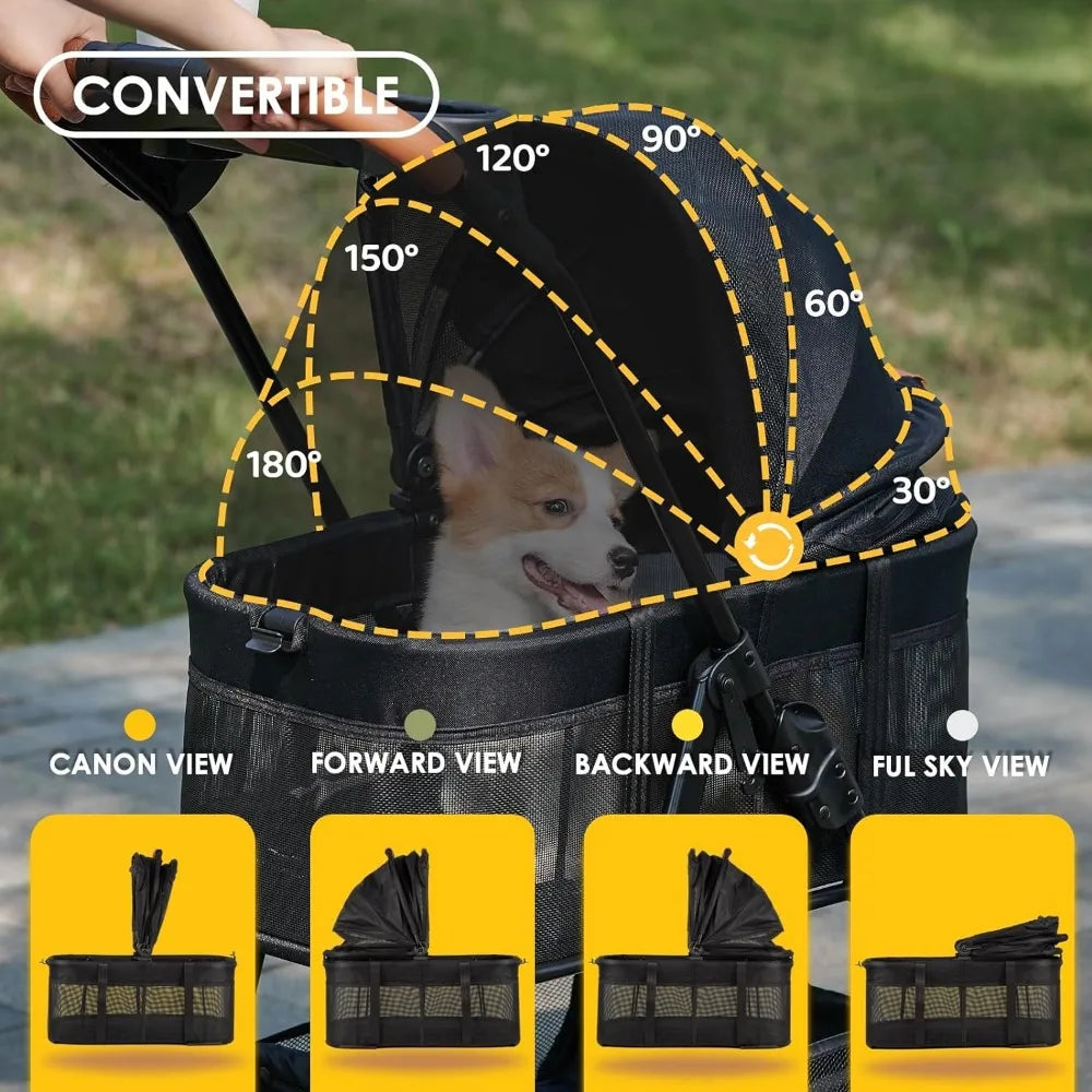 Cochecito plegable para perros 3 en 1, cochecito plegable para mascotas, cochecito para cachorros de 4 ruedas para perros/gatos con transportador de viaje extraíble para mascotas pequeñas/medianas