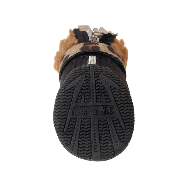 Botas de nieve muy cálidas para perros pequeños Sherpa gamuza leopardo zapatos impermeables para perros 4 unids/set botines antideslizantes suaves y duraderos para cachorros