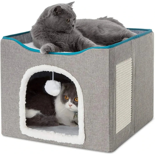 Large Cat Bed with Fluffy Ball Hanging and Scratch Pad Double Layered Foldable Cat Beds for Indoor Cats Sleeping All Seasons