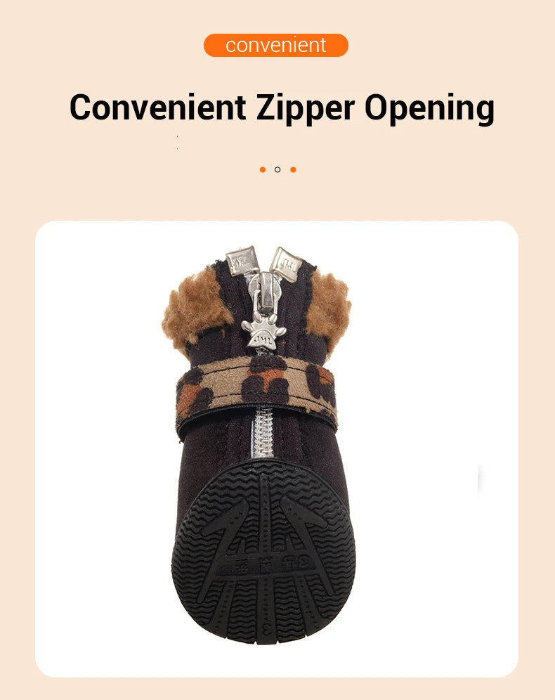 Botas de nieve muy cálidas para perros pequeños Sherpa gamuza leopardo zapatos impermeables para perros 4 unids/set botines antideslizantes suaves y duraderos para cachorros