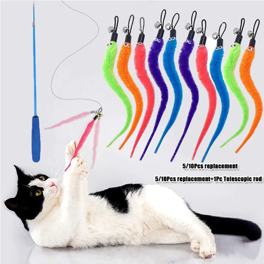 Reemplazar accesorios de juguete para gatos de peluche, cabeza de repuesto de gusanos, divertido palo para gato, juguetes para mascotas 5/10/6/11 Uds.