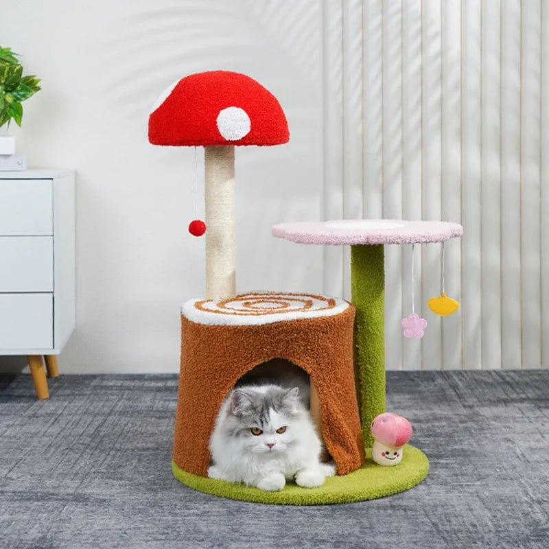 Bonito estante para garras para mascotas, árboles rascadores de sisal para gatos, condominio de flores, árbol trepador para mascotas de interior, setas, cama de juguete para Villa de lujo