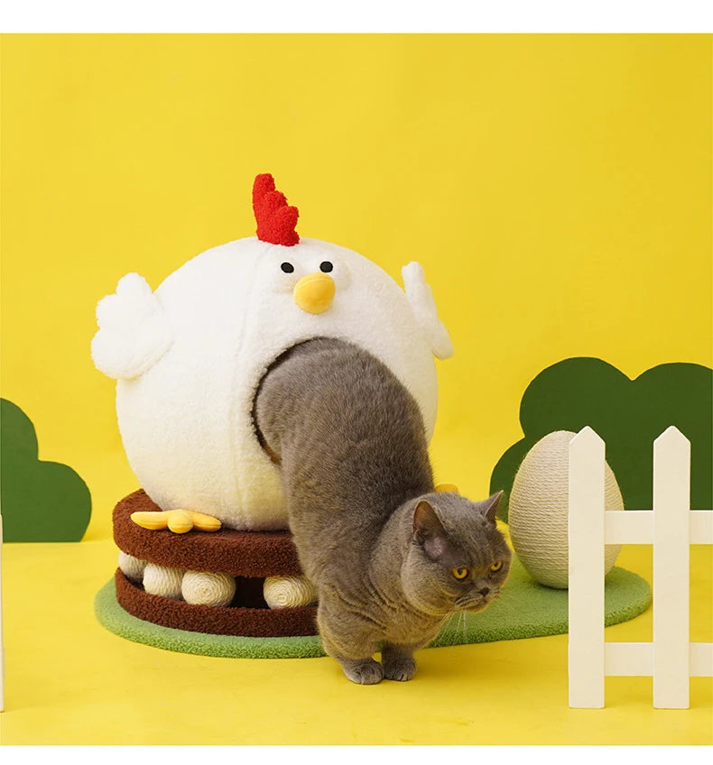 Traje de casa para gatos, nido de descanso para dormir multifunción para mascotas con plato giratorio, camas con forma de pollo para mascotas, juguetes interactivos con trinquete de molienda