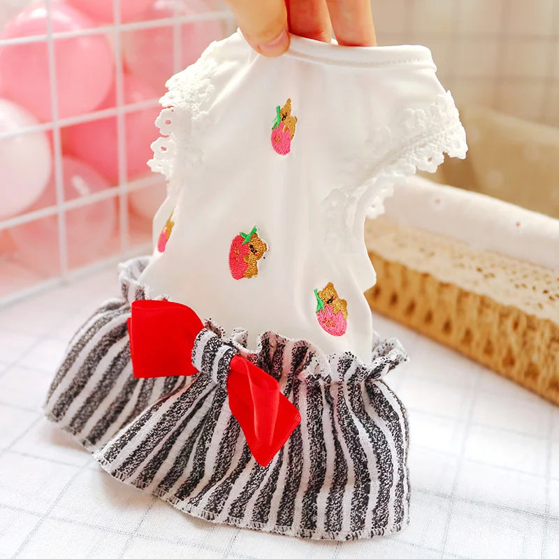 1PC Pet Apparel Dog Spring/Summer Thin White Embroidered Little Bear Pullover Stripe Dress For Small Medium Dogs