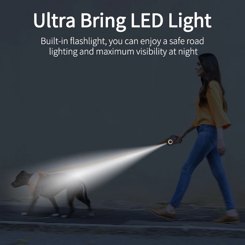 Correa retráctil para perro de 5M con luz LED, correas luminosas automáticas para perro, cachorro, accesorios ajustables para caminar y correr