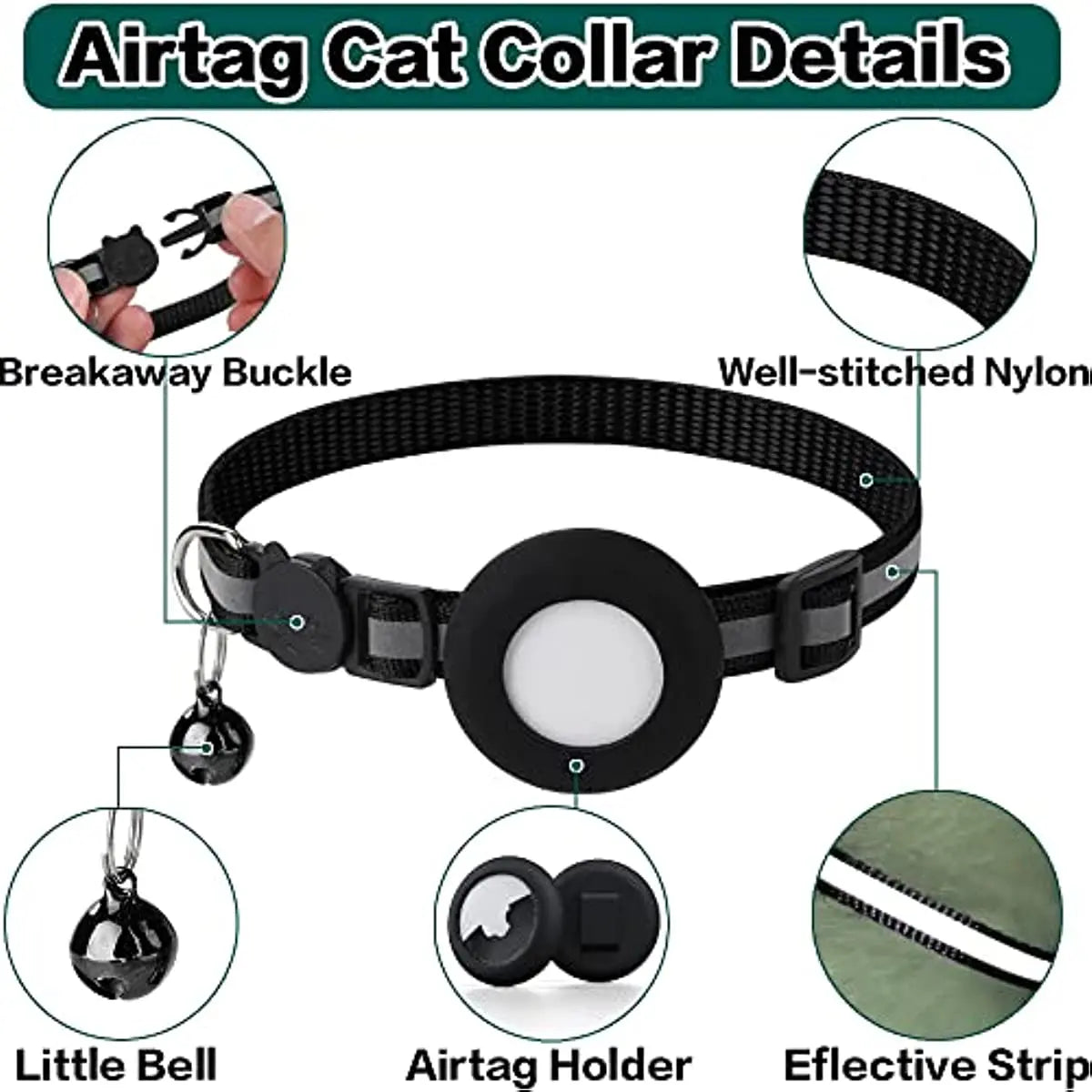 ATUBAN Airtag Collier pour Chat Breakaway, Collier de Chaton Réfléchissant avec Porte-étiquette Apple Air et Cloche pour Chats Fille Garçon, 0,4 Pouce