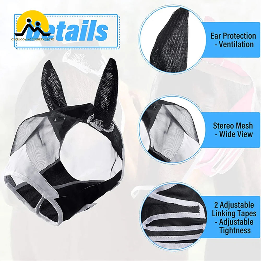 Masques anti-mouches pour chevaux, 1 pièce, protection faciale en maille élastique, anti-moustiques, couvre-tête de cheval lavable, équipement d'équitation en plein air