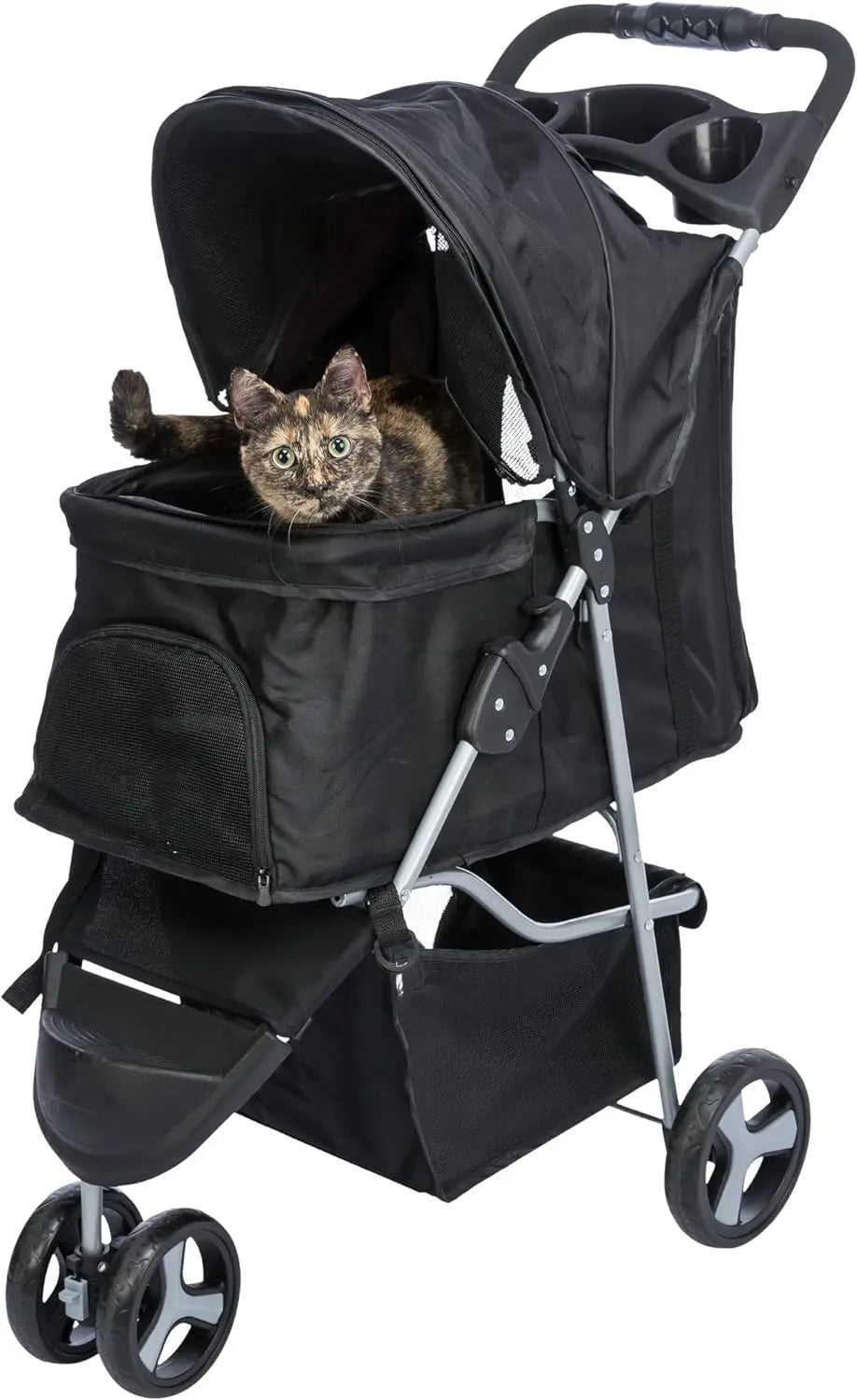 TRIXIE Cochecito plegable para mascotas para gatos y perros, carrito de paseo con cubierta para la intemperie, cesta de almacenamiento, portavasos, color negro