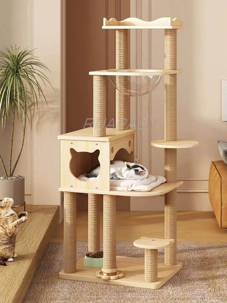 Grand arbre à chat à plusieurs niveaux, étagère d'escalade en bois, capsule spatiale, Post Condo, arbre à chat en sisal, plate-forme de saut à gratter, tour de perchoir, lit jouet