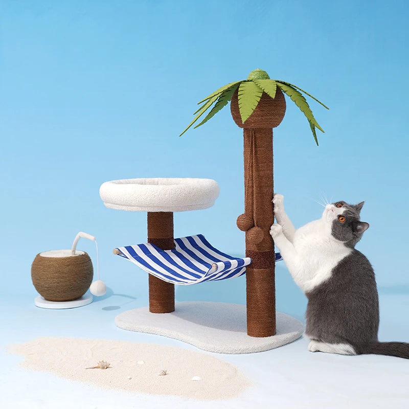 Postes rascadores para gatos, árbol de coco para mascotas, torre de modelado para rascar, marco de escalada para gatos, juguetes con hamaca y cama con estera