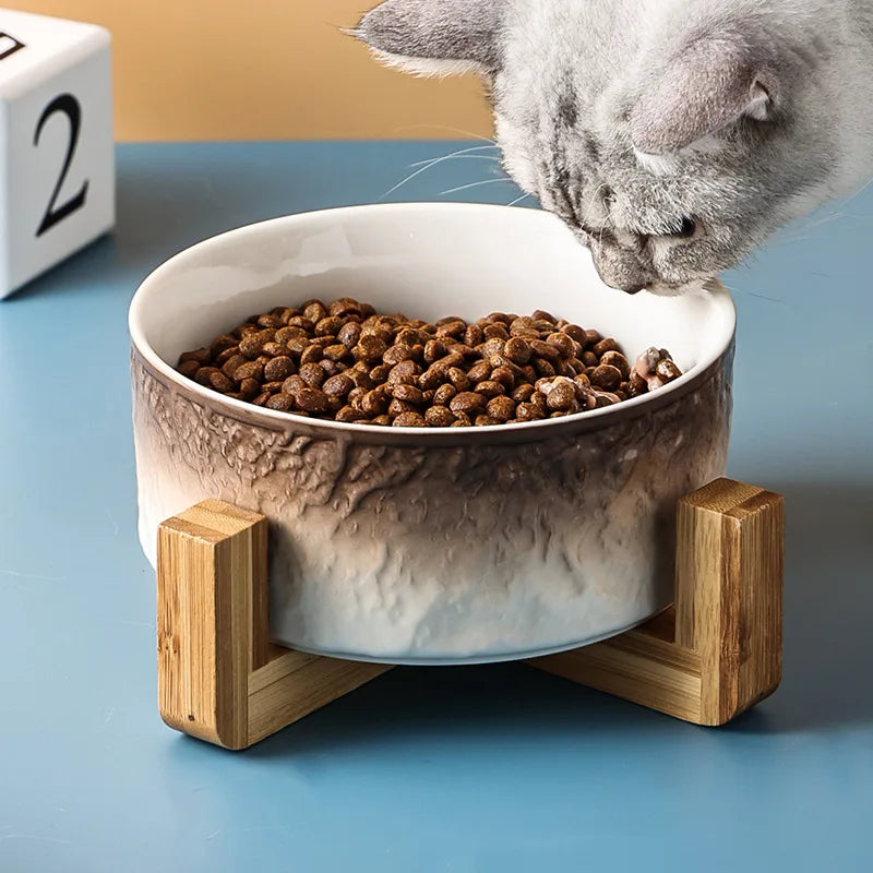 850ml Cat Ceramic Bowl Double Pet Food Water Feeders Gradient Dogs Drinking Eating Bowls with Wooden Stand