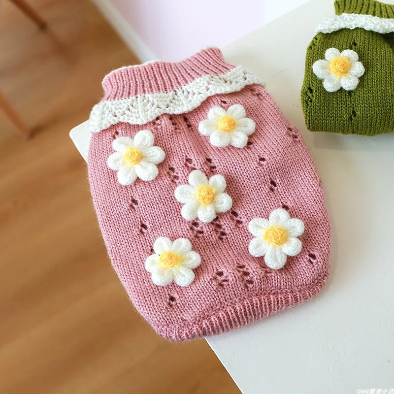 1PC Pet Apparel Dog Autumn and Winter Thickened Warm Green Pink 3D Flower Knitwear Pullover Sweater For Small Medium Dogs