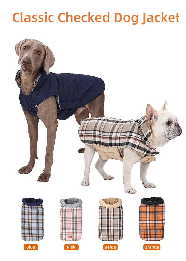 Waterproof Dog Jacket Checked Pattern Reversible Dog Clothes for Small Medium Large Dogs Soft Warm Dog Coat with Flexible Chest