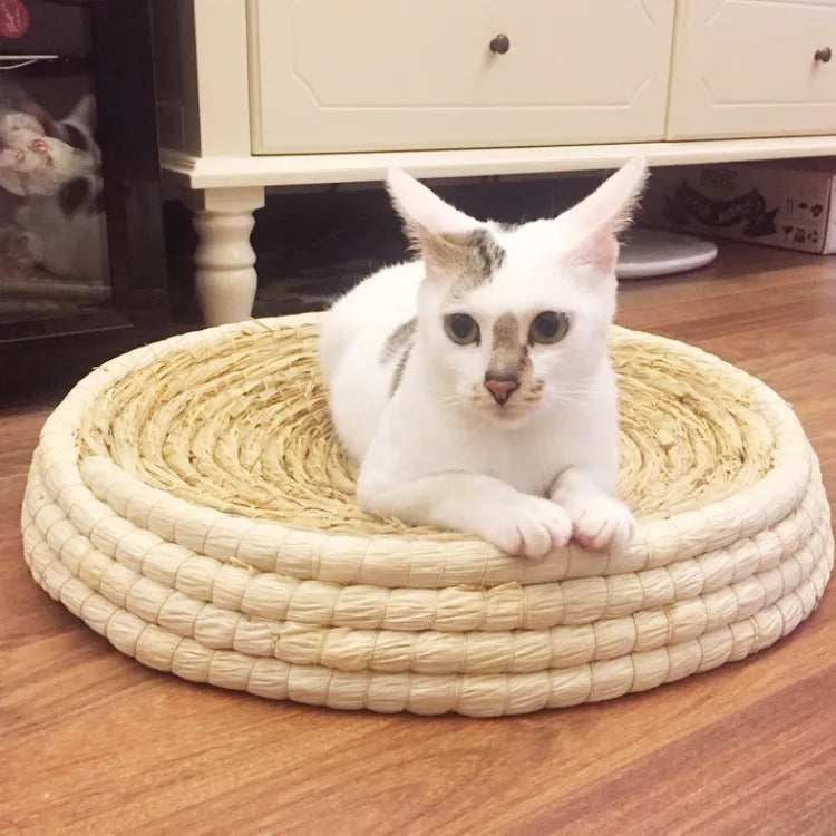 Straw Woven Cat Bed Bird Nest Cat Scratching Board Bowl-Shaped Pet Nest Cat Toy Supplies Hand-Woven Puppy Kennel Cat Straw Bed