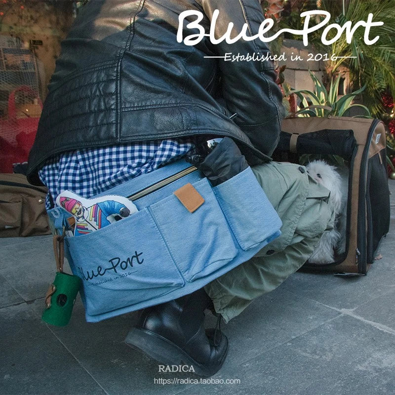 Paquete de cintura para mascotas con puerto azul, equipaje de mano multifuncional, accesorios de mezclilla para caminar al aire libre para perros, transportadores suaves