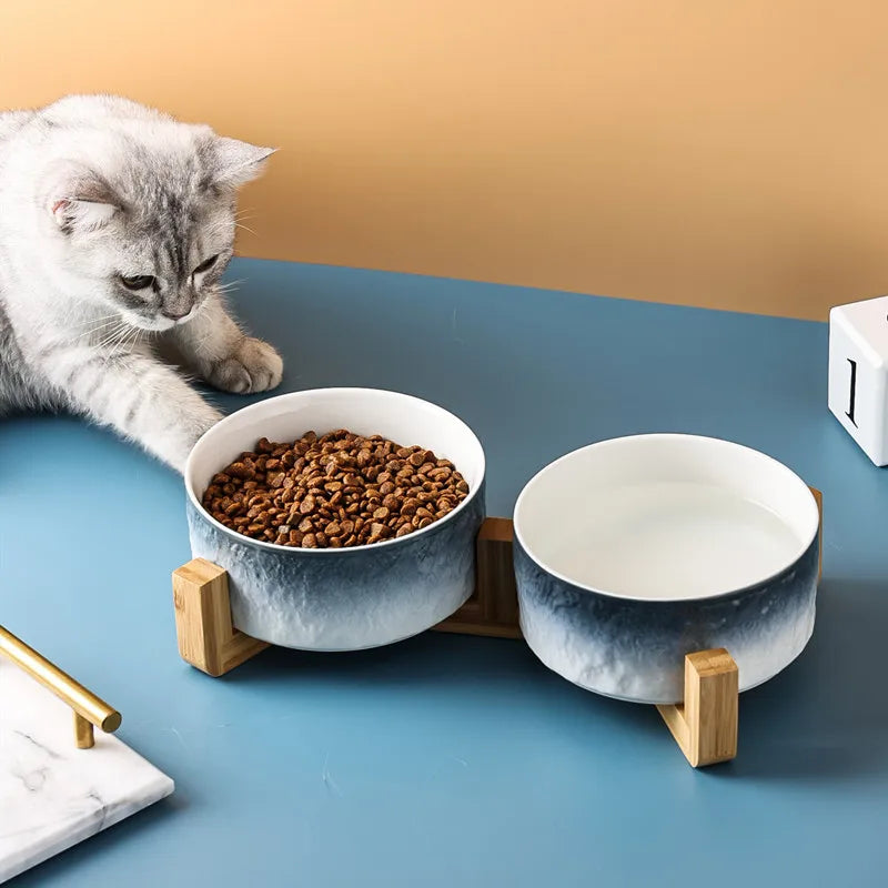 850ml Cat Ceramic Bowl Double Pet Food Water Feeders Gradient Dogs Drinking Eating Bowls with Wooden Stand