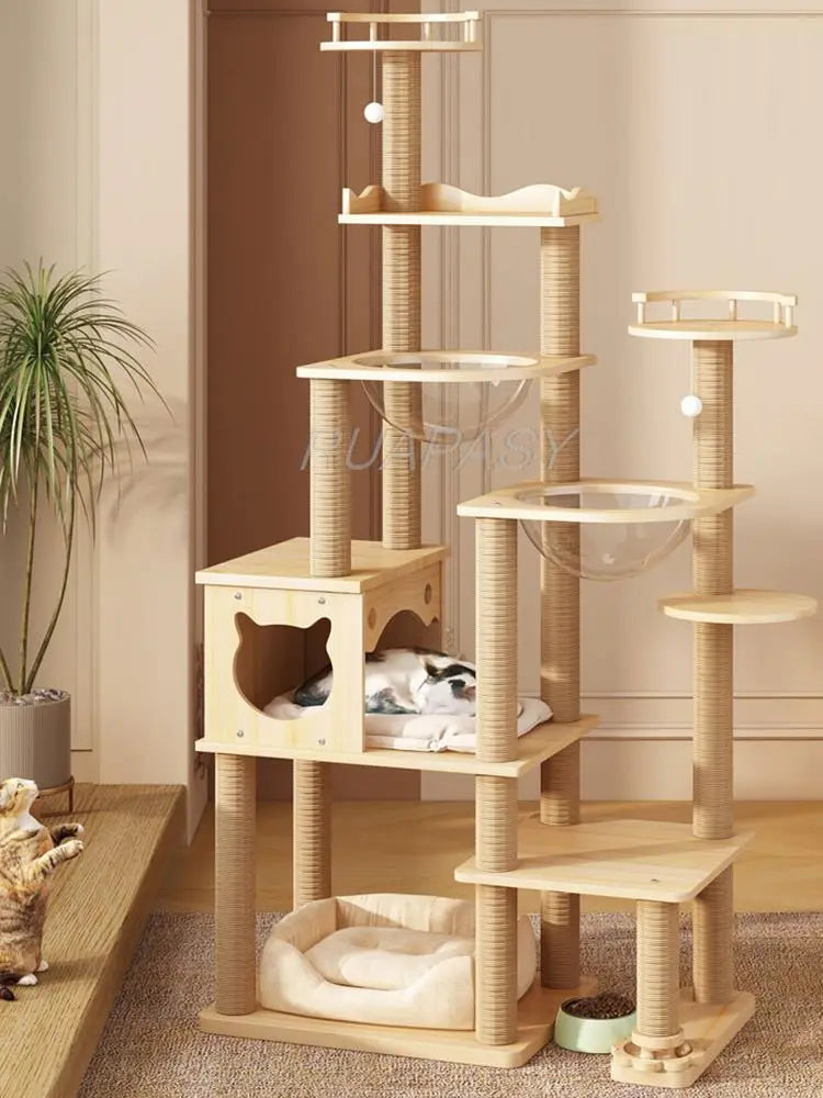 Grand arbre à chat à plusieurs niveaux, étagère d'escalade en bois, capsule spatiale, Post Condo, arbre à chat en sisal, plate-forme de saut à gratter, tour de perchoir, lit jouet