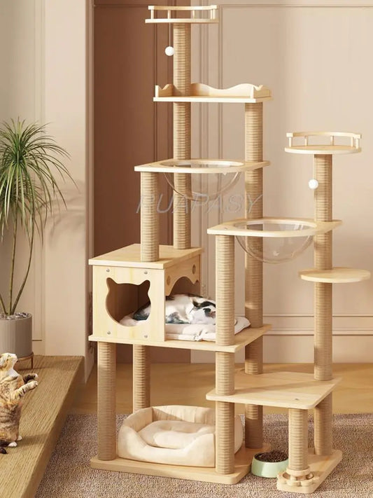 Large Multi-Level Cat Tree Wood Climbing Shelf Space Capsule Post Condo Sisal Cat Tree Scratching Jumping Platform Perch Tower Toy Bed