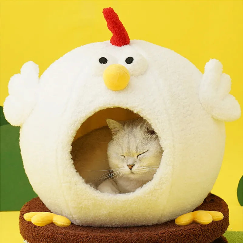 Traje de casa para gatos, nido de descanso para dormir multifunción para mascotas con plato giratorio, camas con forma de pollo para mascotas, juguetes interactivos con trinquete de molienda