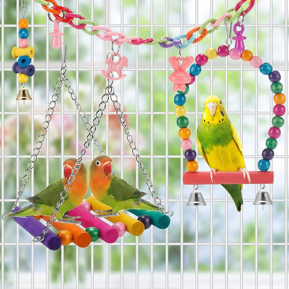 11 pièces Cage à oiseaux jouets pour perroquets bois oiseaux balançoire fiable à croquer morsure pont perles en bois forme perroquet jouet oiseau jouets