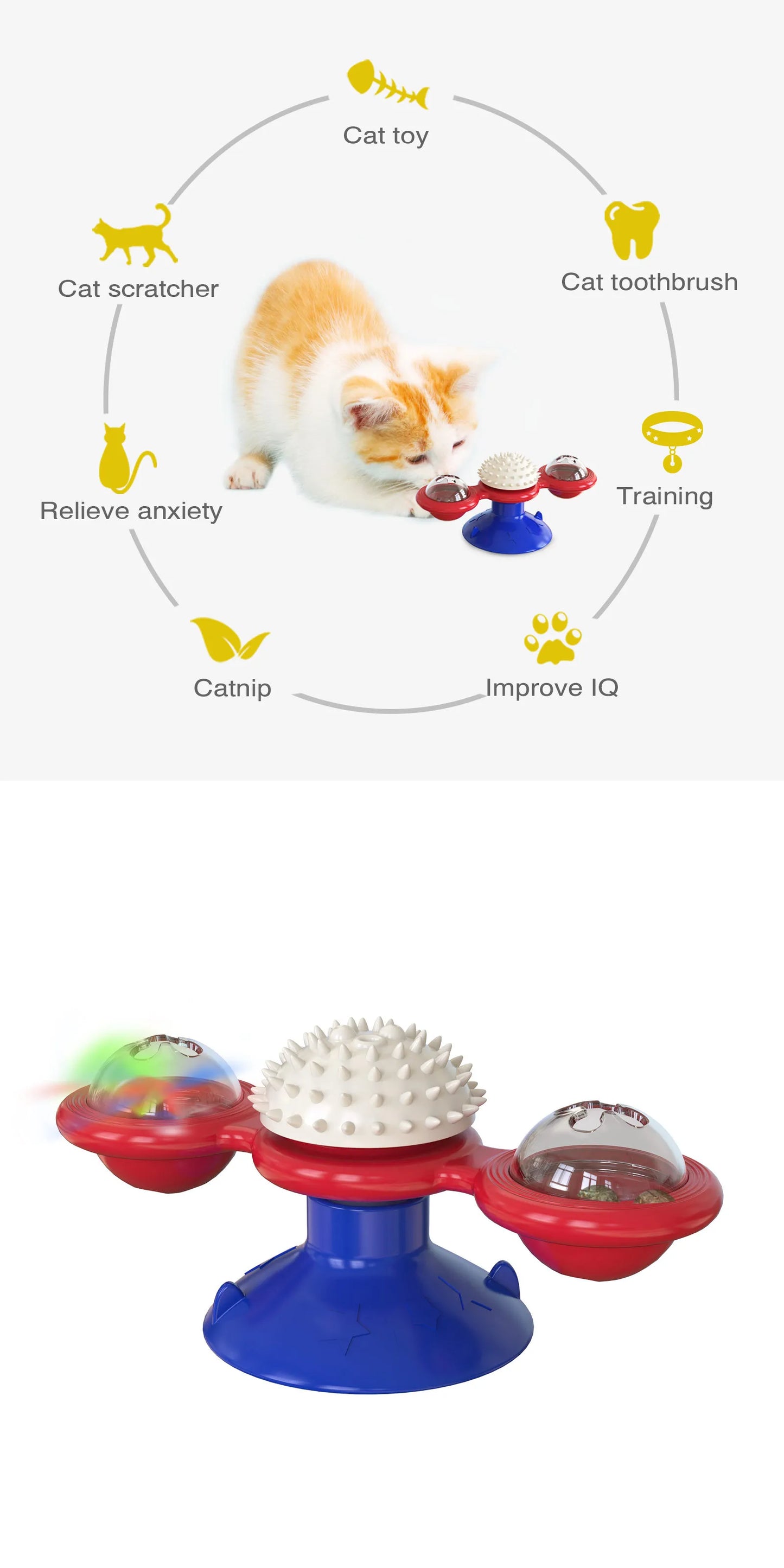 Molino de viento de juguete para gatos, juguetes interactivos para mascotas, rompecabezas para gatos, juguete con plato giratorio Whirligig para cepillo de dientes para gatitos, suministros para mascotas