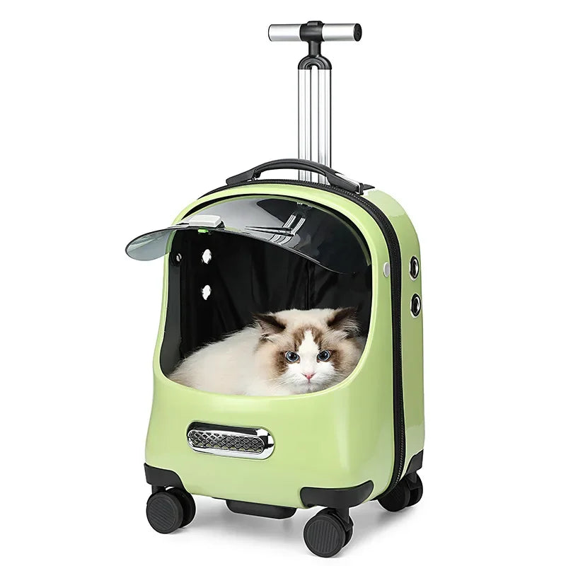 Cómodo transportador de viaje para gato, mochila con ventana transparente para gato, barra de tracción, hombro, cesta para gato, carrito para mascota de gran espacio