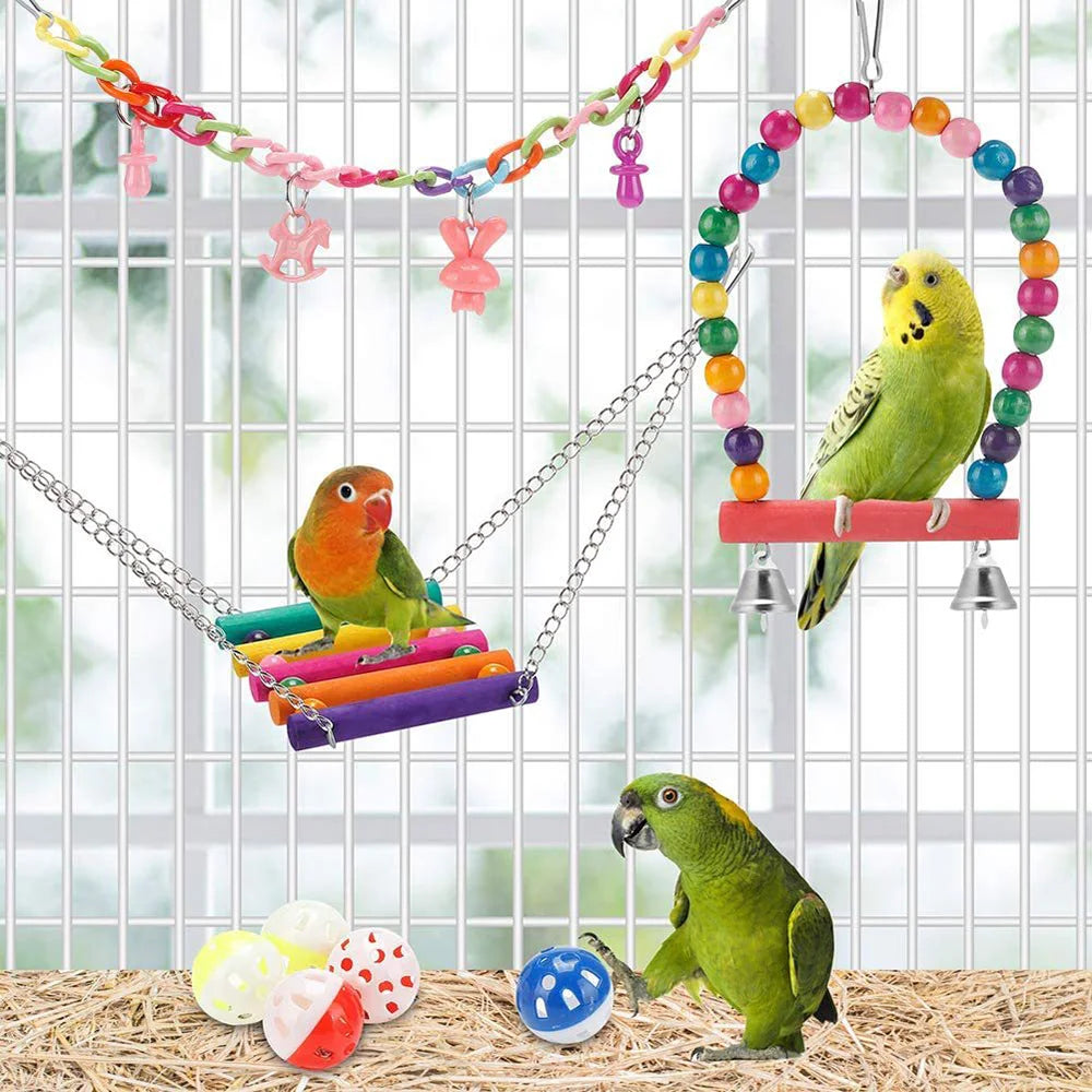 11 pièces Cage à oiseaux jouets pour perroquets bois oiseaux balançoire fiable à croquer morsure pont perles en bois forme perroquet jouet oiseau jouets