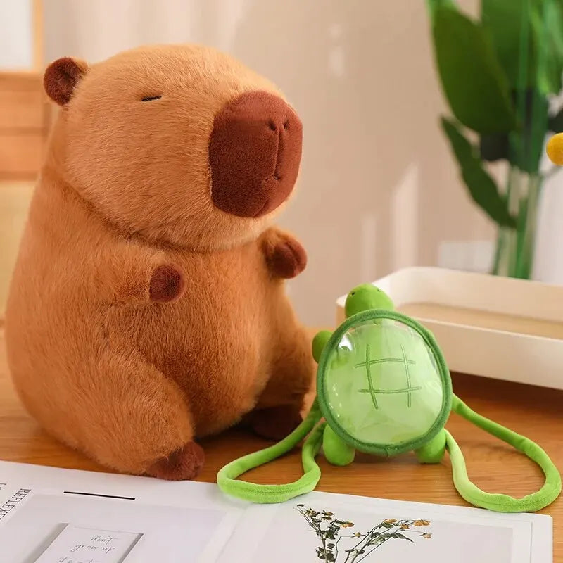 Capybara en peluche mignon Kawaii, avec sac de tortue, casquette de fraise, animaux en peluche, cadeau pour enfants, décoration de la maison