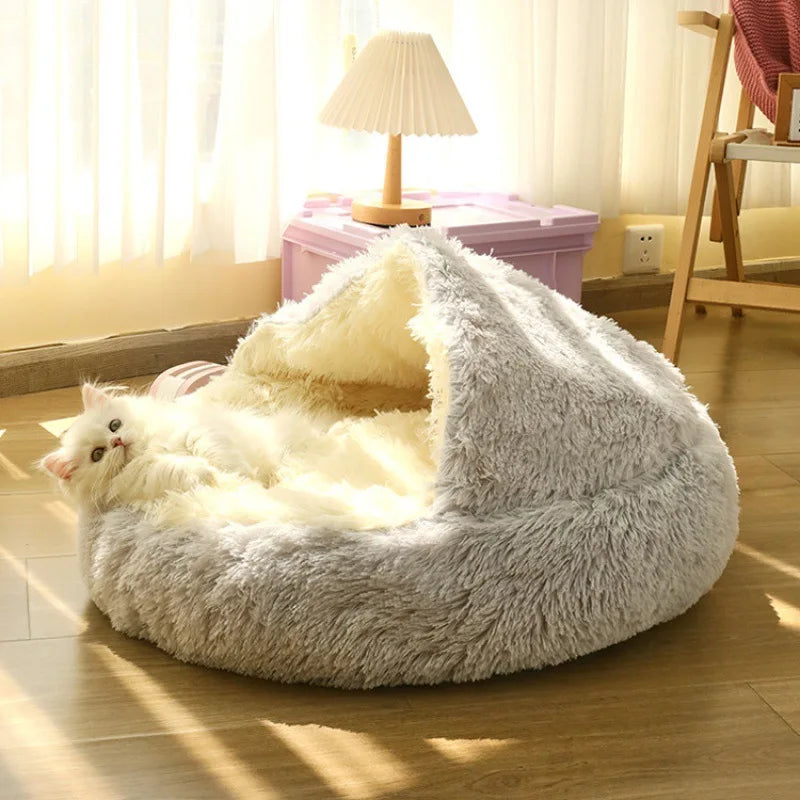 Cama cálida para mascota de peluche, accesorios para gatos, cojín redondo cerrado para gatos, cómodo saco de dormir, productos para mascotas, casa para gatos y perros