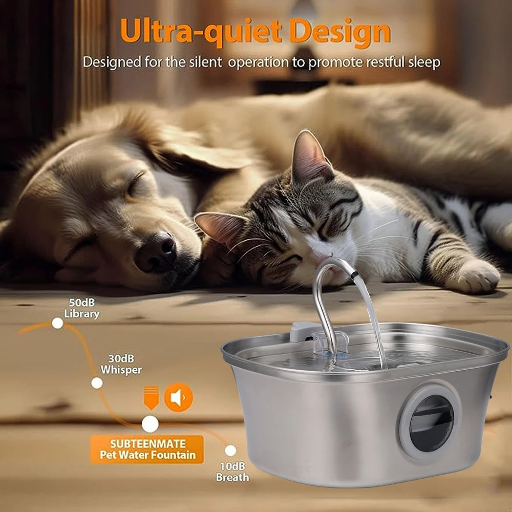 Fontaine d'eau pour chat en acier inoxydable, fontaine automatique pour animaux de compagnie, distributeur d'eau pour chien avec fenêtre de niveau d'eau 3,2 l pour bol de chat