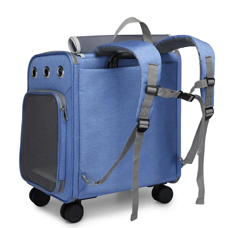 Sac à dos chariot pour animaux de compagnie, grand espace, porte-chat avec roue universelle, tige de traction pliable, sac pour chien, petit porte-animaux