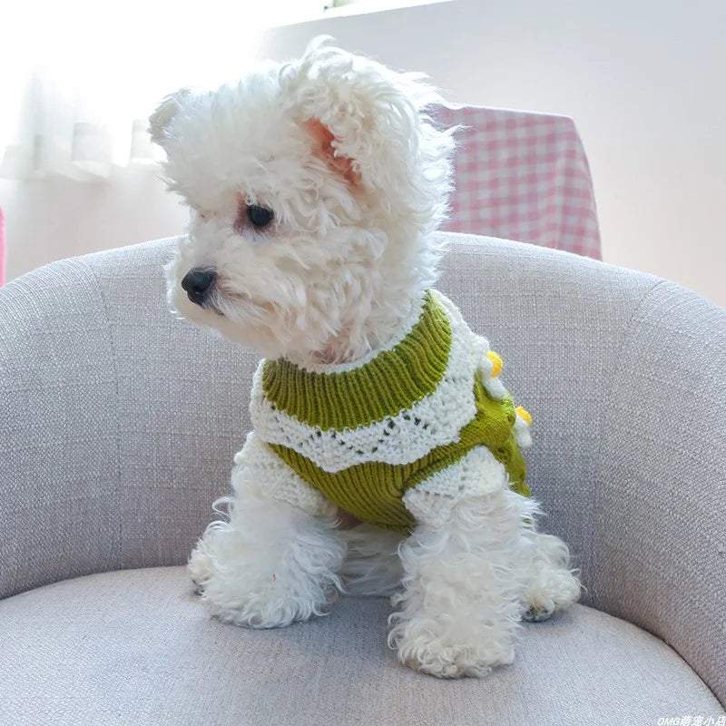 1 Pza ropa para mascotas perro Otoño e Invierno grueso cálido verde rosa 3D flor tejido suéter para perros pequeños medianos