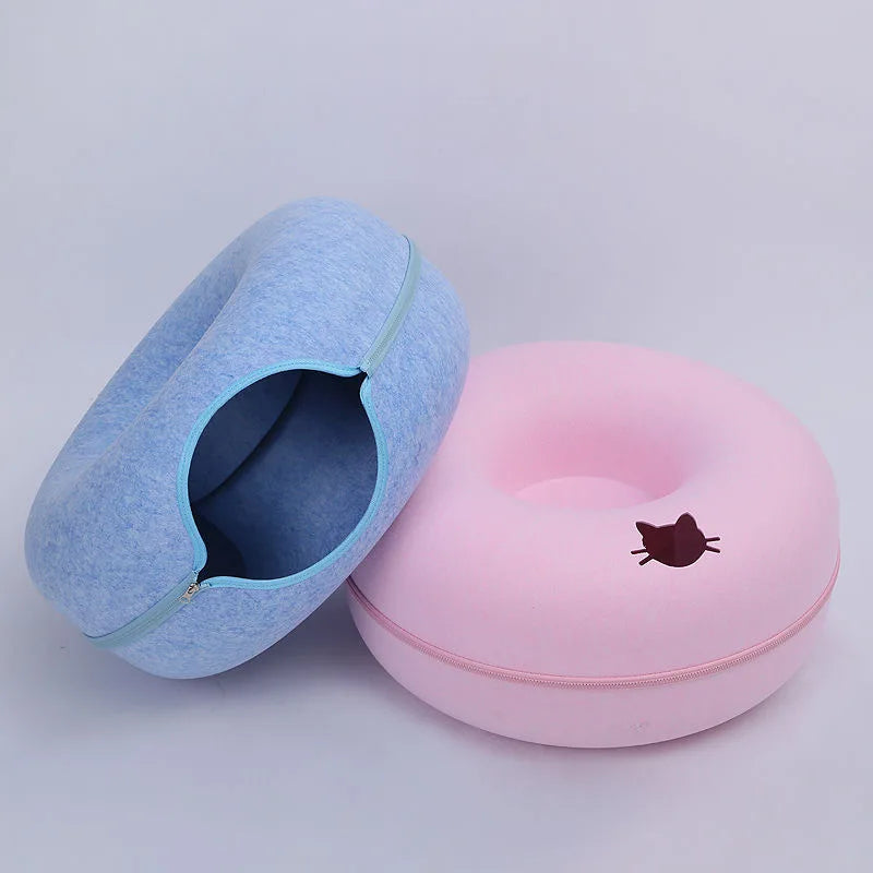 Bonito juguete interactivo con forma de dibujos animados para gatos, casa, túnel de fieltro, camas tipo cueva, Donut extraíble con cremallera, cesta tipo nido, suministros para gatitos