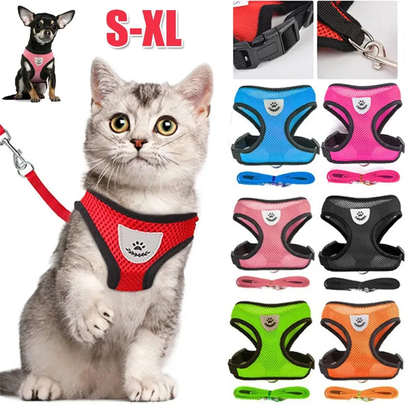 Arnés para perros y gatos con correa de plomo, chaleco ajustable, malla de poliéster, arneses transpirables, reflectantes, accesorios para perros y gatos pequeños