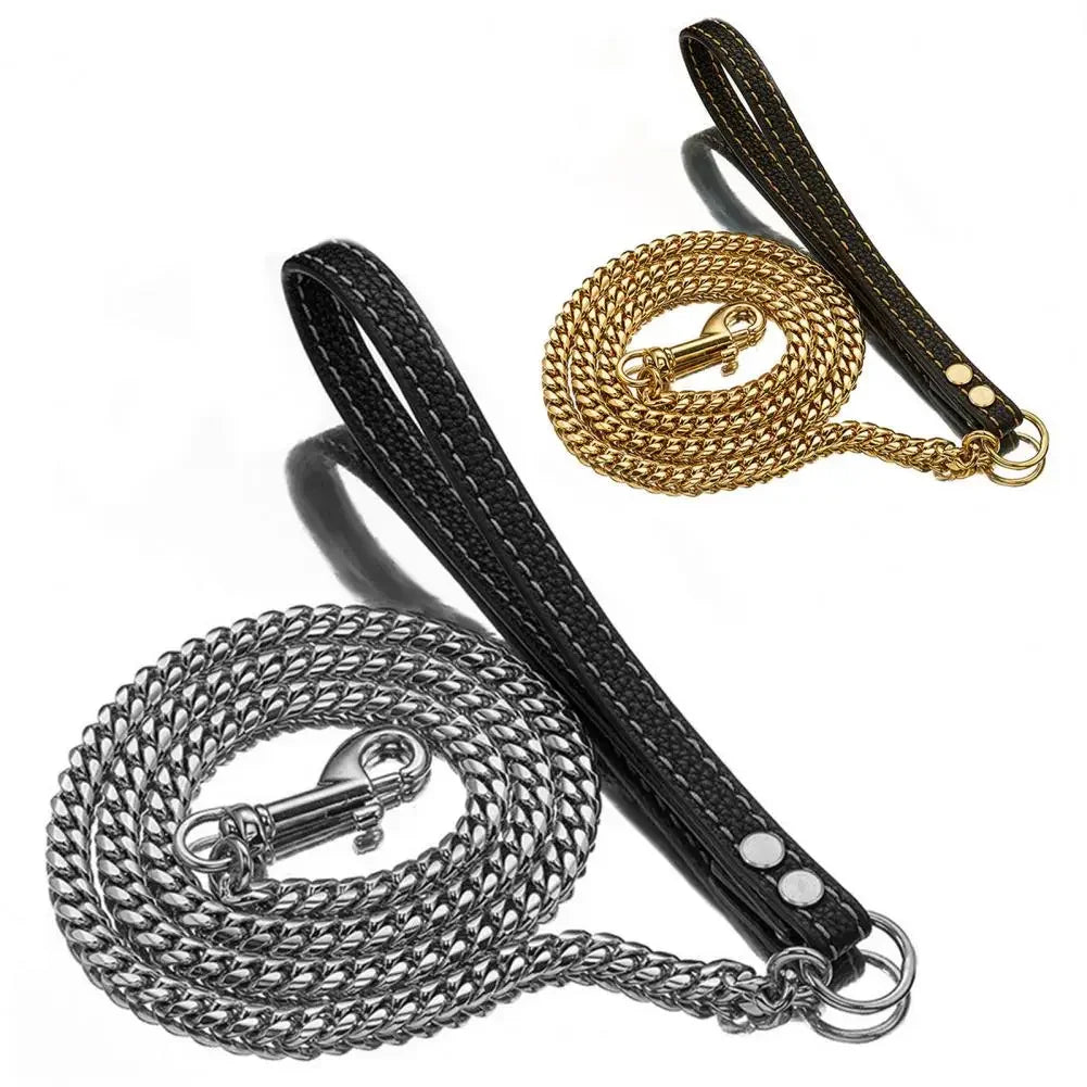 Traction Leash Faux Leather Strong Metal Cuba Stainless Steel Pet Chain for Dog Accessories