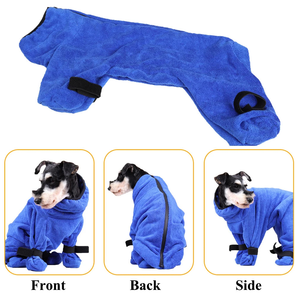 Albornoz para perros con patas, súper absorbente, totalmente cubierto, abrigo de baño para mascotas, apertura trasera con cremallera, suministros de baño para perros de secado rápido, accesorios