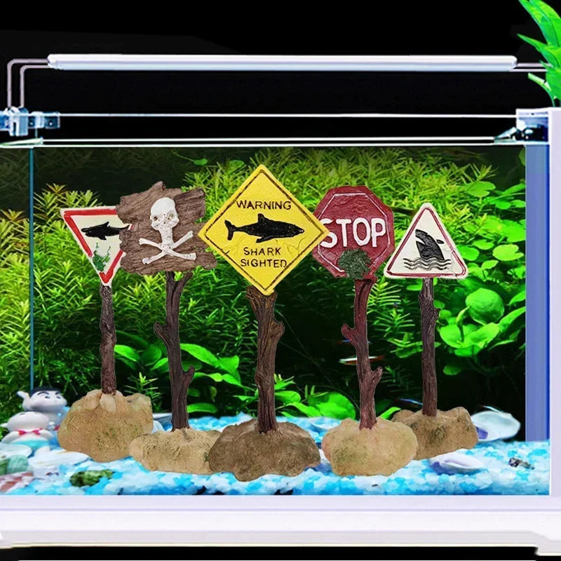 Adornos de resina para decoración de acuario, señal de advertencia de tiburón Artificial, accesorios de paisajismo para fondo de acuario